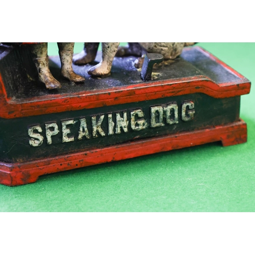 1376 - Novelty Cast Iron Money Box Speaking Dog Approximately 18 cm Wide