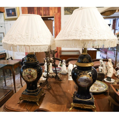 Pair of French Porcelain Ormolu Mounted Table Lamps Pleated Tasseled Shades Working Order Electrified Each Approximately 75 cm High