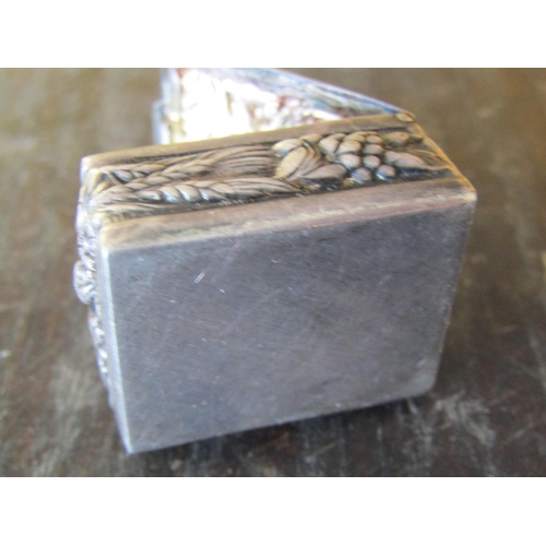 1386 - Silver Pill Box Avian Motif Embossed Decoration Approximately 5 cm Long x 4 cm Wide Hinged Cover