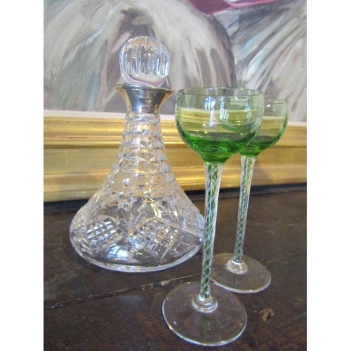 1388 - Silver Collar Ships Decanter and Two Glasses Slender Stem Form Ships Decanter Approximately 22 cm Hi... 