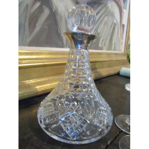 1388 - Silver Collar Ships Decanter and Two Glasses Slender Stem Form Ships Decanter Approximately 22 cm Hi... 