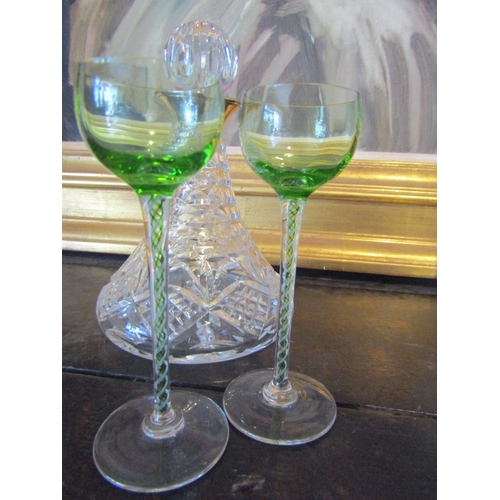 1388 - Silver Collar Ships Decanter and Two Glasses Slender Stem Form Ships Decanter Approximately 22 cm Hi... 