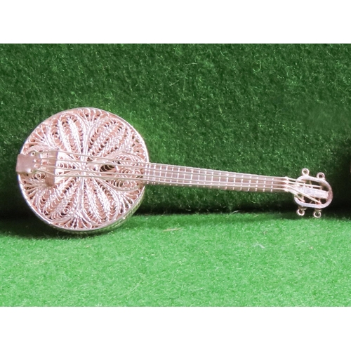 1396 - Silver Novelty Banjo Intricately Detailed Silver Strings Approximately 5 cm Long