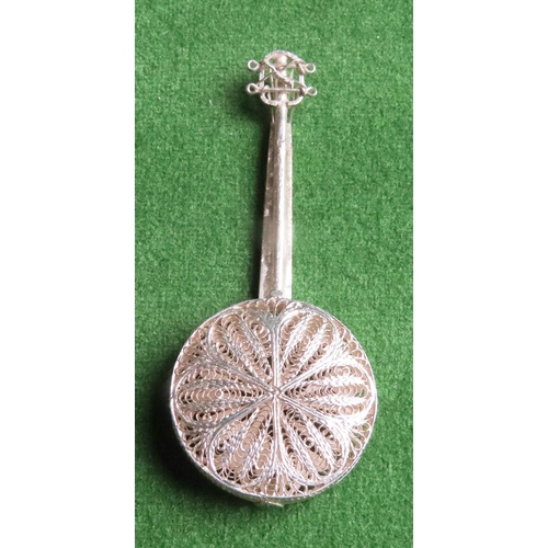 1396 - Silver Novelty Banjo Intricately Detailed Silver Strings Approximately 5 cm Long