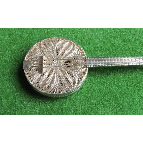 1396 - Silver Novelty Banjo Intricately Detailed Silver Strings Approximately 5 cm Long