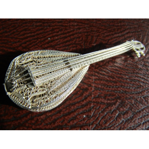 1397 - Silver Novelty Mandolin Silver Strings Finely Detailed Throughout 5 cm Long Approximately