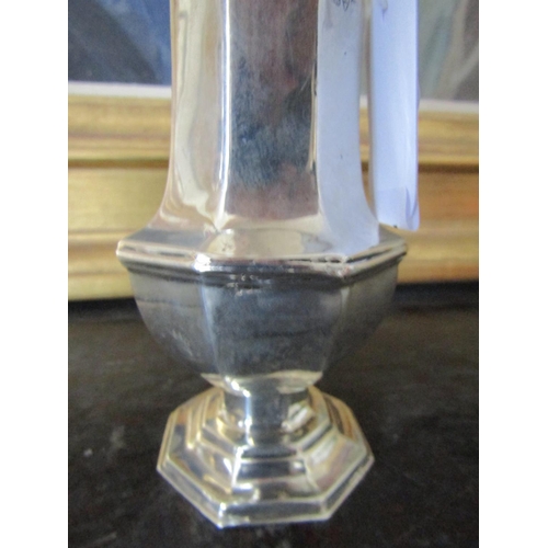 1400 - Silver Pedestal Form Canted Base Sugar Shaker Upper Finial Decoration 17 cm High