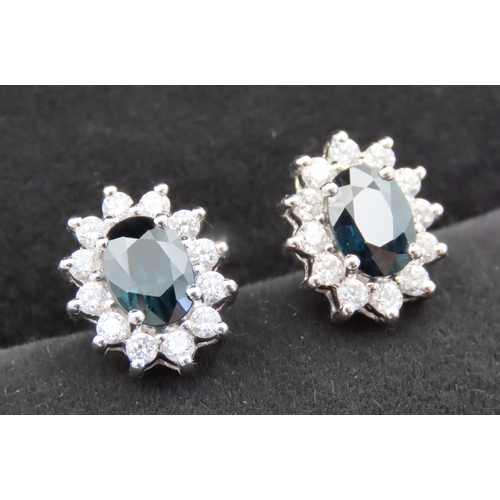 141 - Pair of Sapphire and Diamond Set Cluster Earrings Mounted in 18 Carat White Gold Diamond Carat Weigh... 