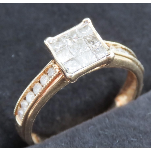 147 - Nine Princess Cut Diamond Ring Bezel Set in 9 Carat Yellow Gold with Further Round Diamonds Set to B... 