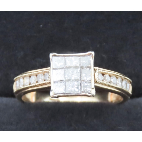 147 - Nine Princess Cut Diamond Ring Bezel Set in 9 Carat Yellow Gold with Further Round Diamonds Set to B... 