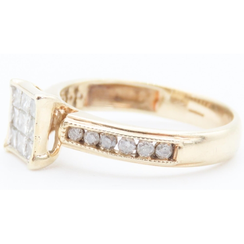 147 - Nine Princess Cut Diamond Ring Bezel Set in 9 Carat Yellow Gold with Further Round Diamonds Set to B... 