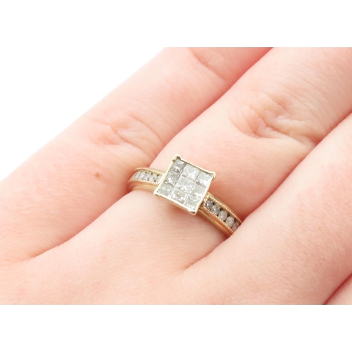 147 - Nine Princess Cut Diamond Ring Bezel Set in 9 Carat Yellow Gold with Further Round Diamonds Set to B... 