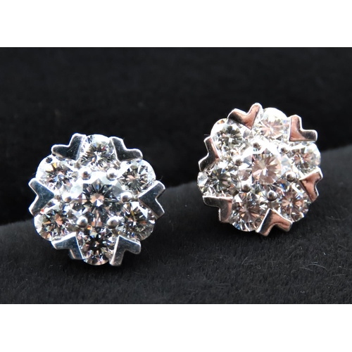 Pair of 18 Carat White Gold Diamond Set Ladies Daisy Motif Earrings Total Diamond Carat Weight of Each .80ct