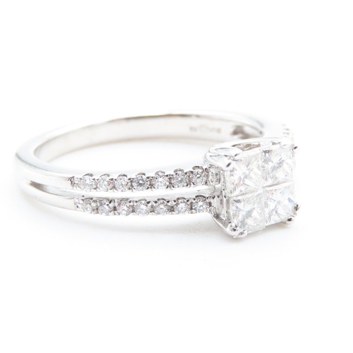 156 - Four Square Cut Diamond Ring Set in 18 Carat White Gold with Further Diamonds Set to Band Ring Size ... 