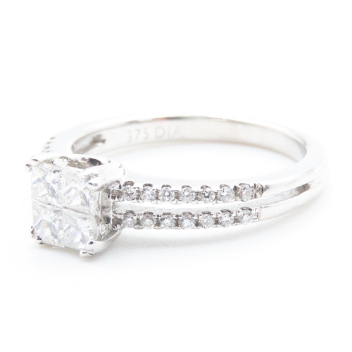 156 - Four Square Cut Diamond Ring Set in 18 Carat White Gold with Further Diamonds Set to Band Ring Size ... 