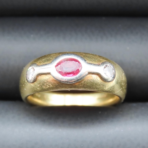 17 - Ruby and Diamond Bezel Set Three Stone Ring Set in Platinum Mounted on 18 Carat Yellow Gold Ring Siz... 