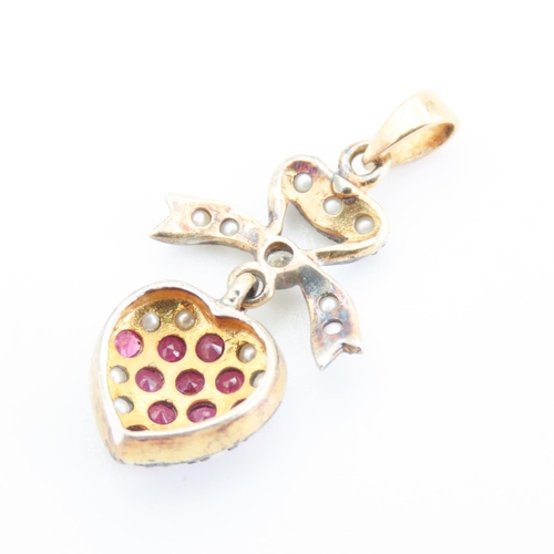 174 - Ruby and Seed Pearl Set Heart and Bow Pendant Mounted in Silver Gilt and 9 Carat Yellow Gold 2cm Dro... 