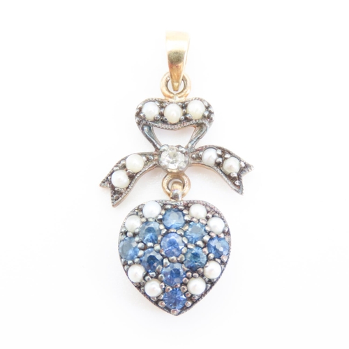 175 - Sapphire and Seed Pearl Set Heart and Bow Pendant Mounted in Silver Gilt and 9 Carat Yellow Gold 2cm... 