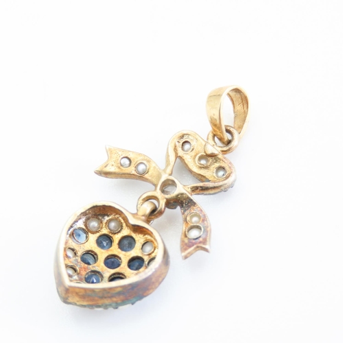 175 - Sapphire and Seed Pearl Set Heart and Bow Pendant Mounted in Silver Gilt and 9 Carat Yellow Gold 2cm... 