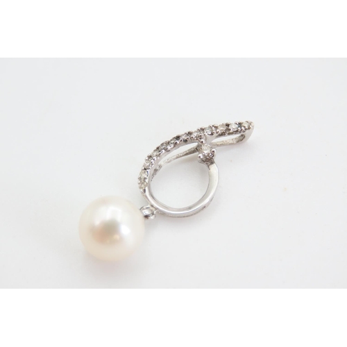 180 - Pearl and Diamond Set Pendant Mounted in 9 Carat White Gold 2.5cm Drop  Further Set on 9 Carat White... 