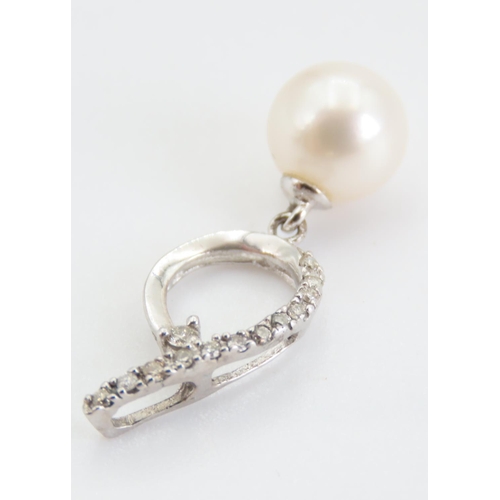 180 - Pearl and Diamond Set Pendant Mounted in 9 Carat White Gold 2.5cm Drop  Further Set on 9 Carat White... 