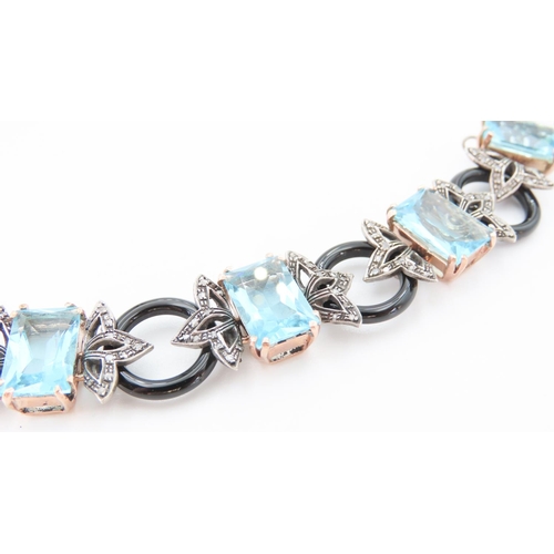 183 - 9 Carat Gold and Silver Set Emerald Cut Blue Topaz with Black Onyx and Diamond Ladies Bracelet Artic... 