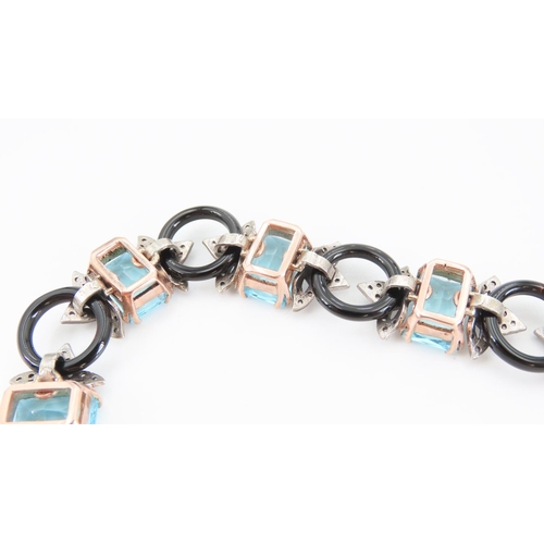 183 - 9 Carat Gold and Silver Set Emerald Cut Blue Topaz with Black Onyx and Diamond Ladies Bracelet Artic... 