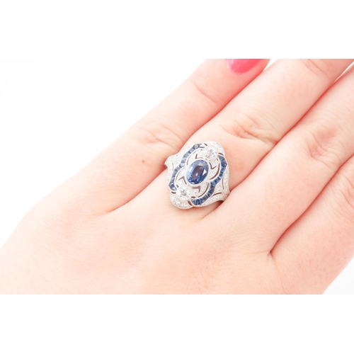 184 - Sapphire and Diamond Set Ladies Ring Mounted in Platinum Ring Size N and a Half Total Diamond Carat ... 