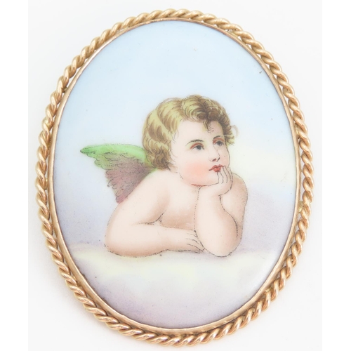 185 - Finely Painted Porcelain Panel Brooch Mounted in 9 Carat Yellow Gold 5cm High