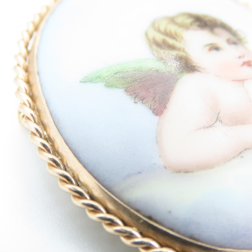 185 - Finely Painted Porcelain Panel Brooch Mounted in 9 Carat Yellow Gold 5cm High