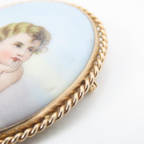 185 - Finely Painted Porcelain Panel Brooch Mounted in 9 Carat Yellow Gold 5cm High