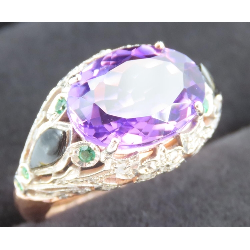 187 - Amethyst Four Claw Set Ladies Ring Diamond Decorated Surrounds with Inset Emeralds 9 Carat Rose Gold... 