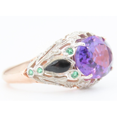 187 - Amethyst Four Claw Set Ladies Ring Diamond Decorated Surrounds with Inset Emeralds 9 Carat Rose Gold... 