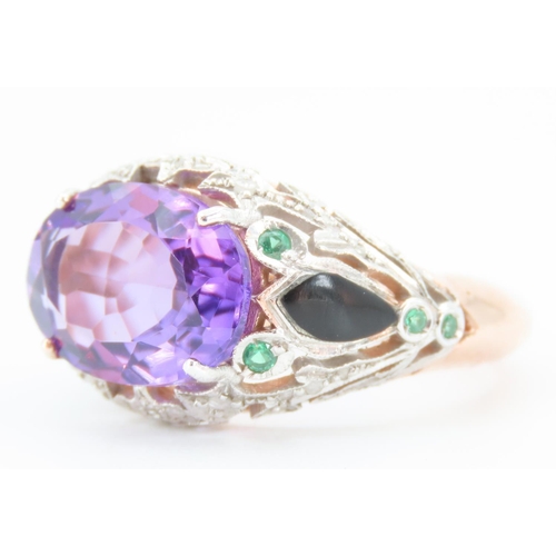 187 - Amethyst Four Claw Set Ladies Ring Diamond Decorated Surrounds with Inset Emeralds 9 Carat Rose Gold... 