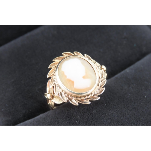 193 - Ladies Cameo Set Ring Mounted on 9 Carat Yellow Gold Band Laurel Motif Outer Decoration Ring Size N ... 