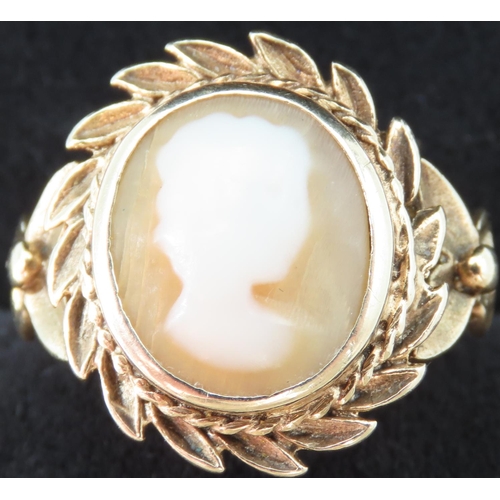 193 - Ladies Cameo Set Ring Mounted on 9 Carat Yellow Gold Band Laurel Motif Outer Decoration Ring Size N ... 