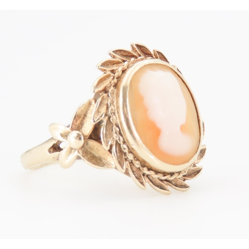 193 - Ladies Cameo Set Ring Mounted on 9 Carat Yellow Gold Band Laurel Motif Outer Decoration Ring Size N ... 