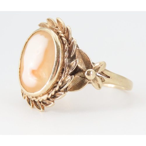 193 - Ladies Cameo Set Ring Mounted on 9 Carat Yellow Gold Band Laurel Motif Outer Decoration Ring Size N ... 