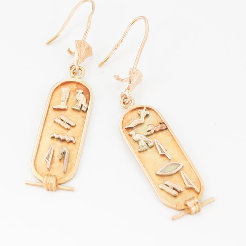 195 - Pair of 18 Carat Yellow Gold Hieroglyphic Drop Form Earrings Attractively Detailed Each 5cm High