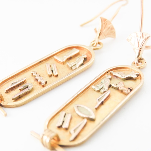 195 - Pair of 18 Carat Yellow Gold Hieroglyphic Drop Form Earrings Attractively Detailed Each 5cm High