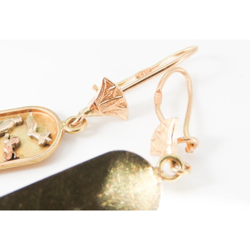 195 - Pair of 18 Carat Yellow Gold Hieroglyphic Drop Form Earrings Attractively Detailed Each 5cm High