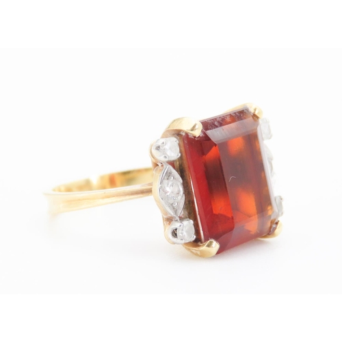 202 - Fire Citrine Cushion Cut with Diamonds to Either Side Mounted on 18 Carat Yellow Gold Band Four Claw... 