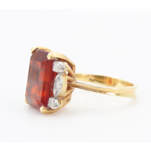 202 - Fire Citrine Cushion Cut with Diamonds to Either Side Mounted on 18 Carat Yellow Gold Band Four Claw... 