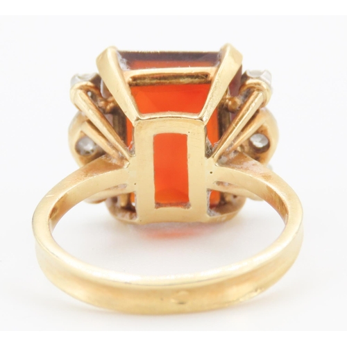 202 - Fire Citrine Cushion Cut with Diamonds to Either Side Mounted on 18 Carat Yellow Gold Band Four Claw... 