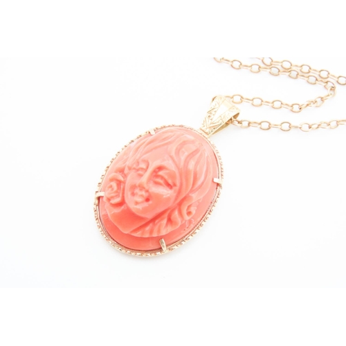 204 - 18 Carat Yellow Gold Mounted Pendant Red Coral Carved Classical Profile 3cm High Further Set on 9 Ca... 