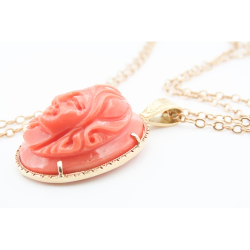 204 - 18 Carat Yellow Gold Mounted Pendant Red Coral Carved Classical Profile 3cm High Further Set on 9 Ca... 