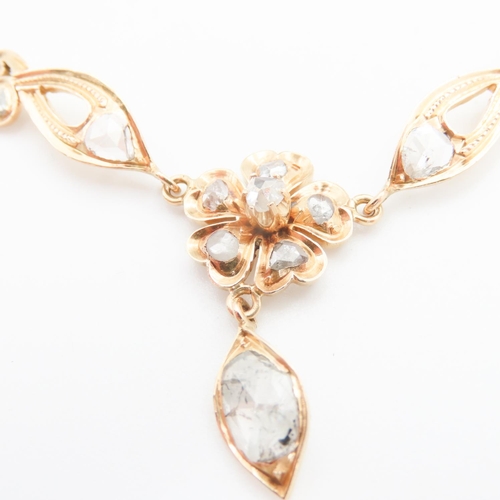 206 - Rose Cut Diamond Set Floral Motif Ladies Necklace Mounted on 18 Carat Yellow Gold 40cm Long