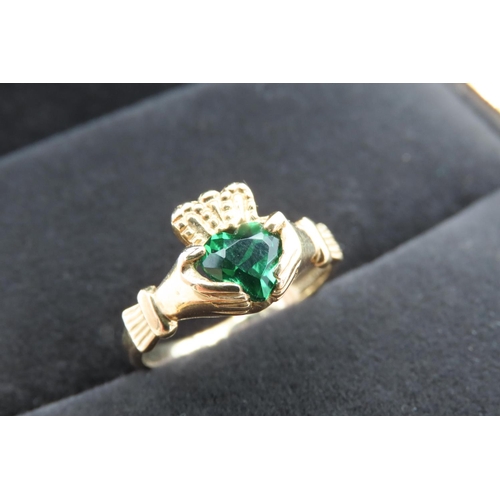 208 - Diopside Inset Claddagh Ring Mounted on 9 Carat Yellow Gold Band Size O As New Unworn