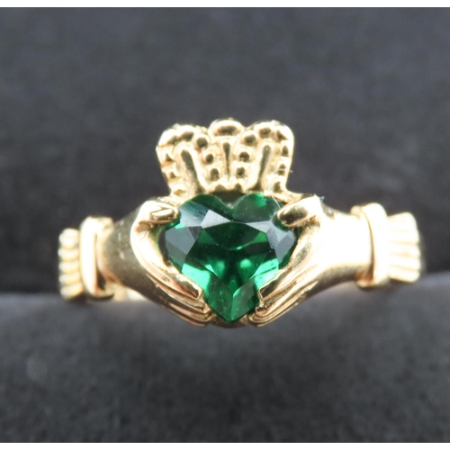 208 - Diopside Inset Claddagh Ring Mounted on 9 Carat Yellow Gold Band Size O As New Unworn