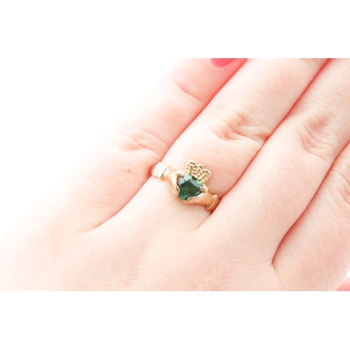 208 - Diopside Inset Claddagh Ring Mounted on 9 Carat Yellow Gold Band Size O As New Unworn